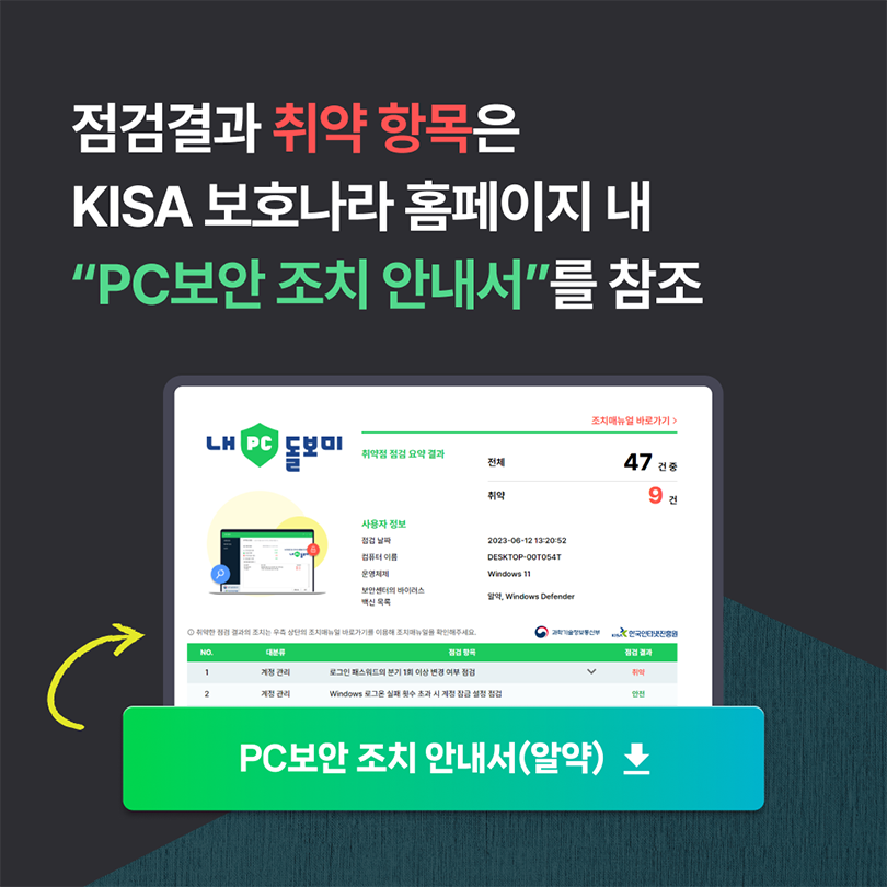 점검결과 취약 항목은 KISA 보호나라 홈페이지 내 'PC보안 조치 안내서'를 참조 PC보안 조치 안내서(알약) 다운로드